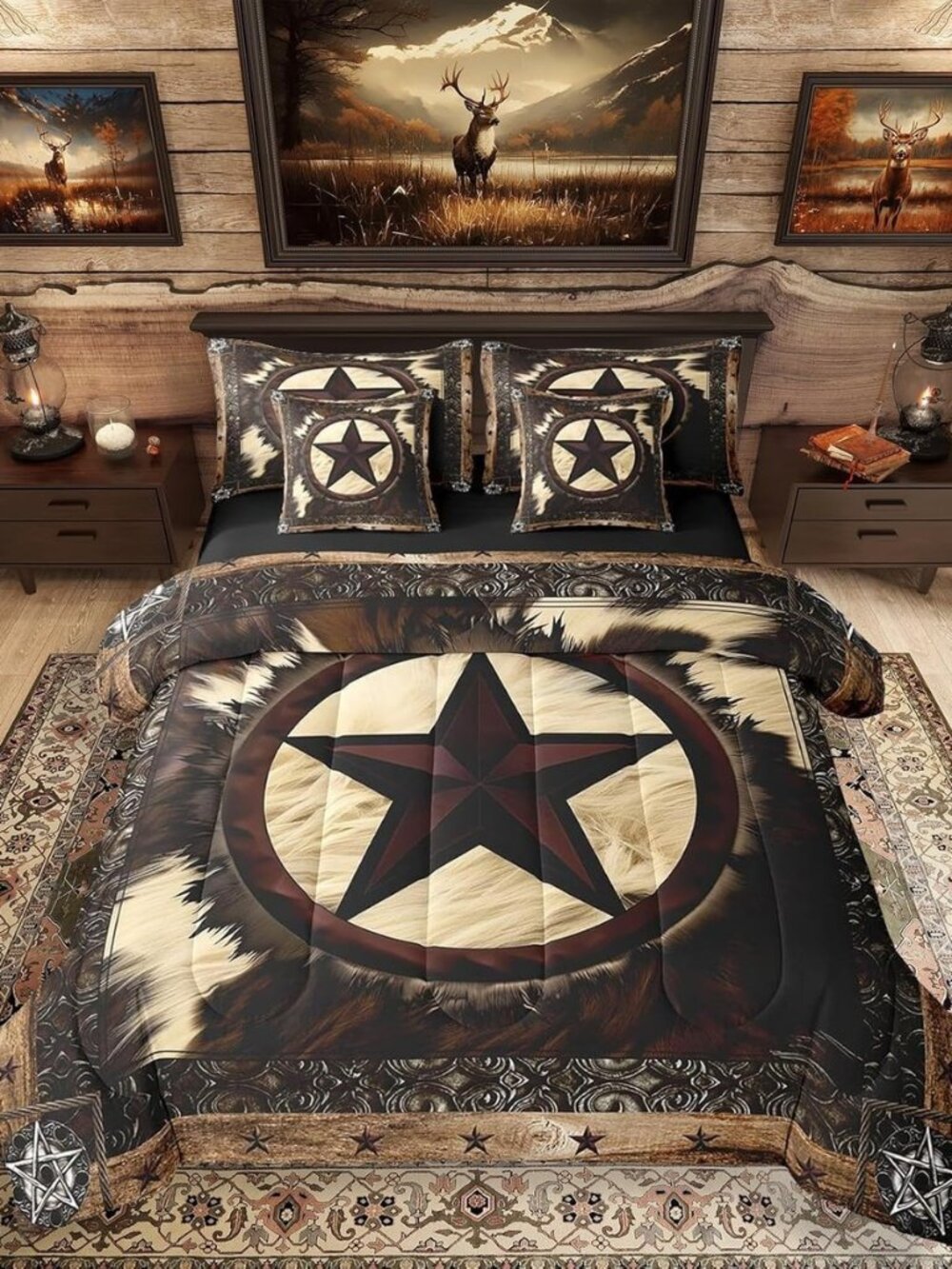 7 Pcs Rustic Cow Comforter Set Queen Size,Western Texas Star Bed in a Bag with